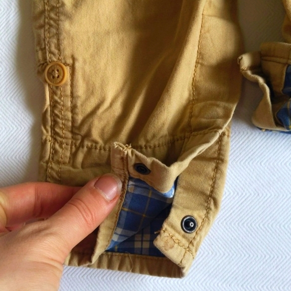 oshkosh b'gosh tan cotton twill carpenter vestbak overalls with plaid 12 months - Picture 3 of 10